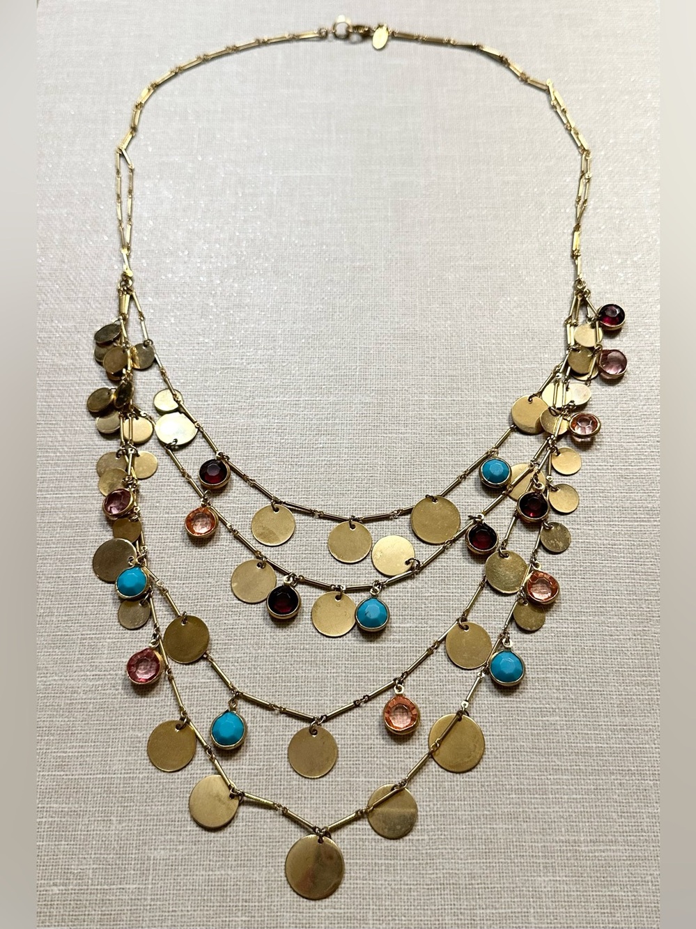 Anthropologie Gold Multi-Strand Disc Necklace with Turquoise and Pink Accents